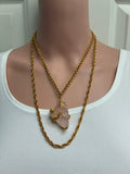 Vintage Raw Rose Quartz Chunk Pendant on Long Gold-Tone Rope Chain Necklace