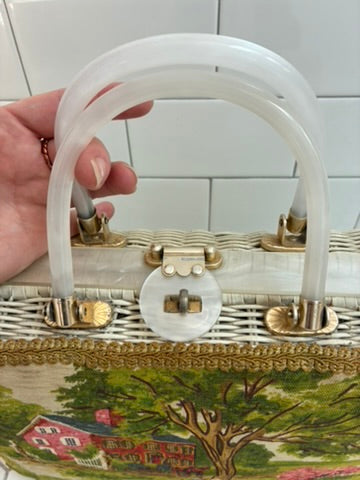 Vintage 1950s-60s Wicker Box Bag | Hand-Painted Pastoral Scene | Lucite Handles | Virgin Islands Label