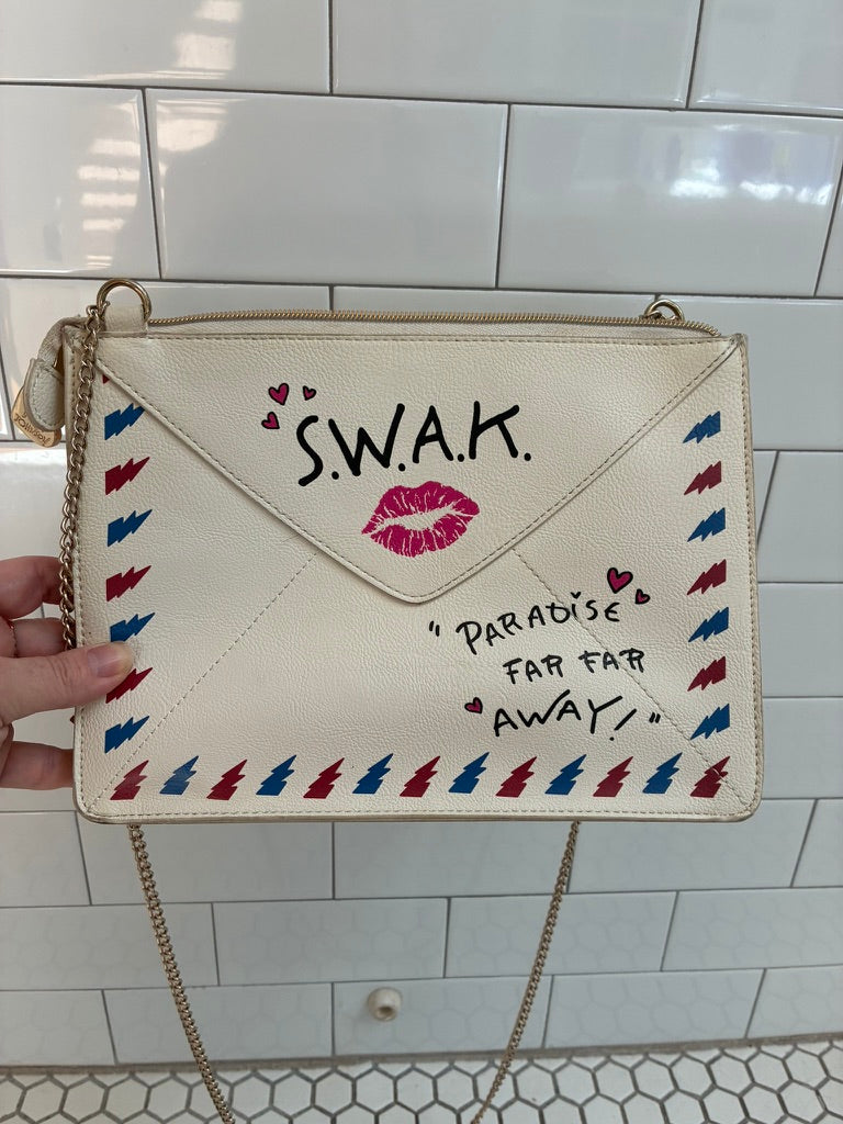 Betsey Johnson S.W.A.K. Airmail Envelope Crossbody Bag | Gold Chain | Hot Pink Rose Interior