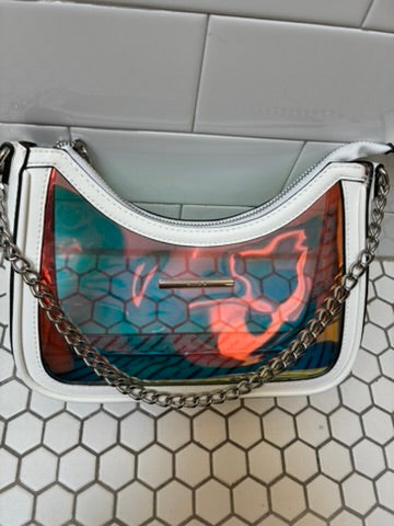 Aldo Iridescent Holographic Clear Shoulder Bag | Silver Chain Strap | White Trim