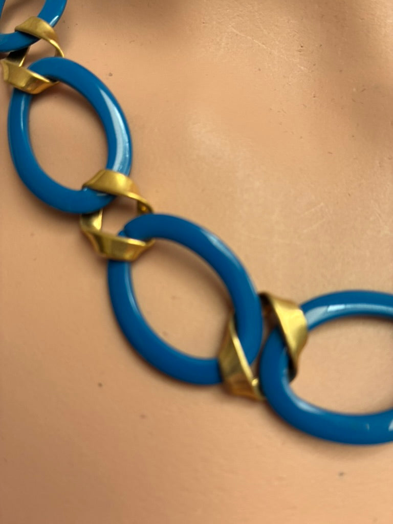 Monet Vintage Cobalt Blue Enamel & Gold-Tone Oval Link Chain Necklace