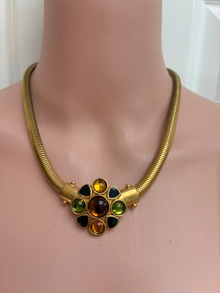 Yves Saint Laurent Vintage Gold Snake Chain Necklace with Multicolor Cabochon Pendant