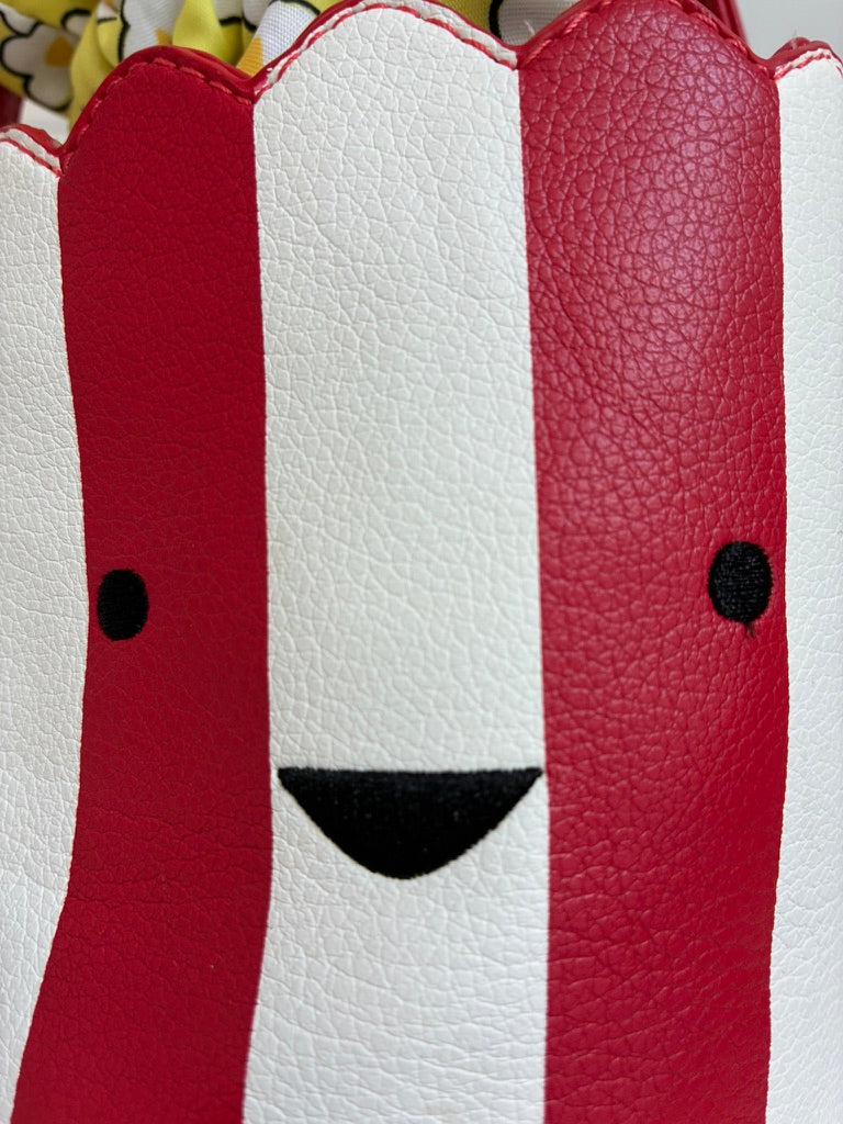 Novelty Popcorn Bucket Bag | Red & White Striped Faux Leather | Smiley Face | Popcorn Print Interior