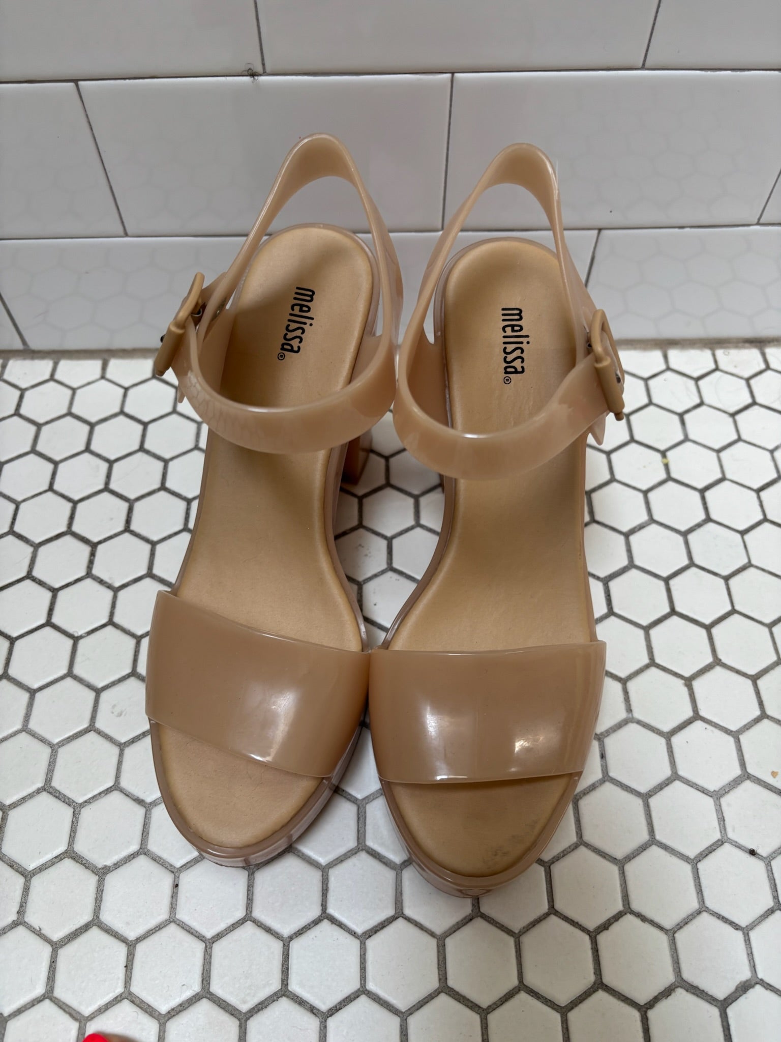 Melissa Nude Jelly Platform Block Heel Sandals — Size 8.5