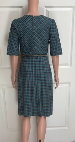 Vintage Teal Plaid Belted Sheath Dress