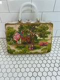 Vintage 1950s-60s Wicker Box Bag | Hand-Painted Pastoral Scene | Lucite Handles | Virgin Islands Label