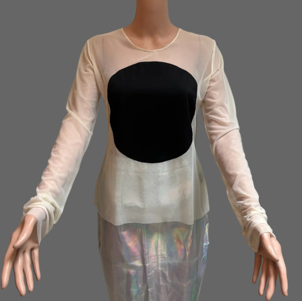 Vintage Norma Kamali Sheer White Long Sleeve Blouse | Black Circle Chest Detail | Fits Size 8–10