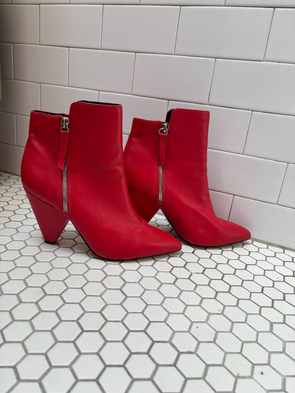 Kenneth Cole Red Leather Ankle Booties — Cone Heel, Size 8.5