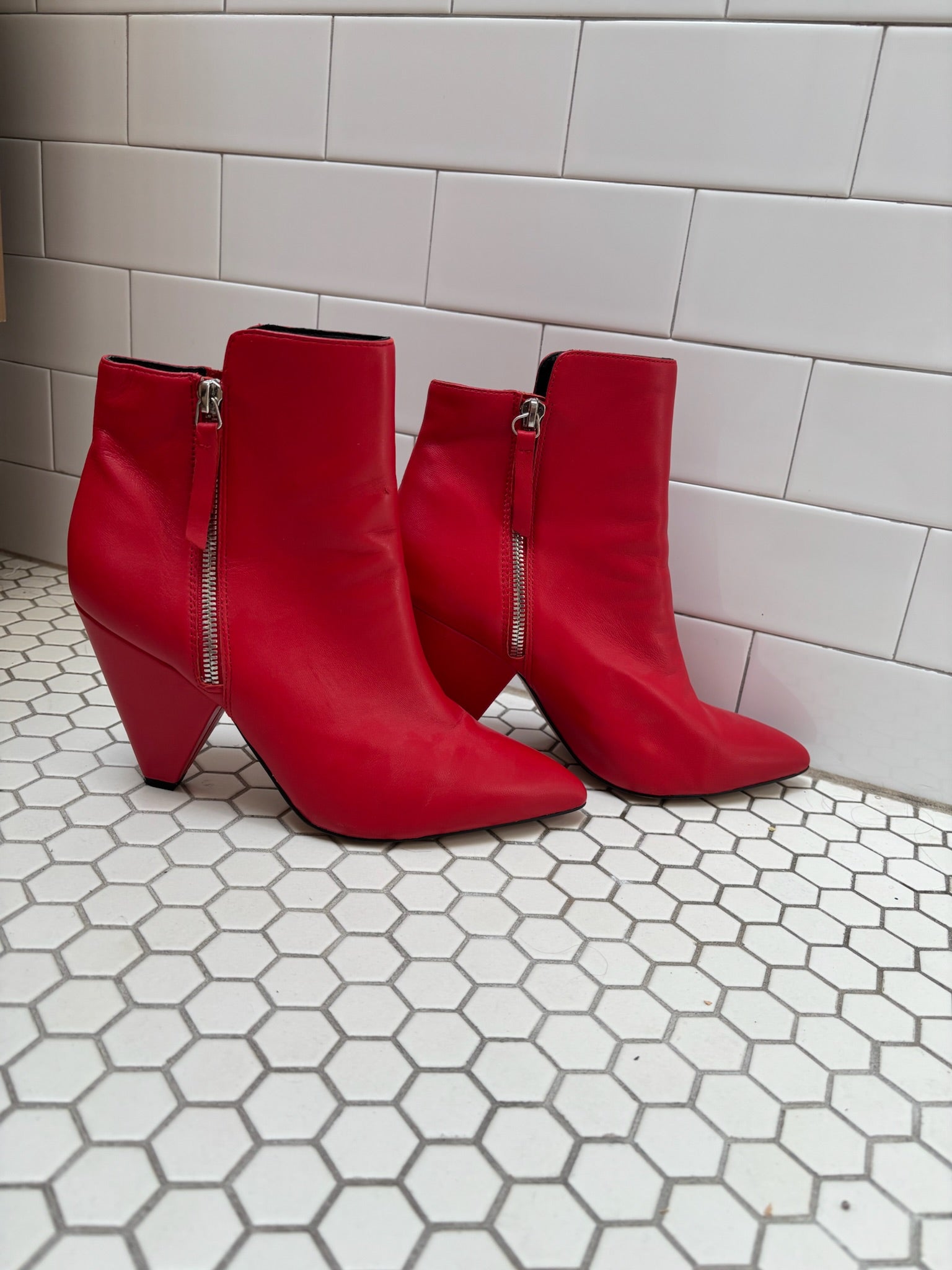 Kenneth Cole Red Leather Ankle Booties — Cone Heel, Size 8.5