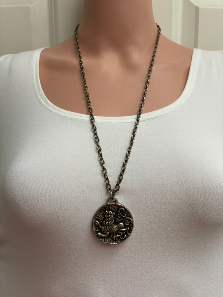 Vintage French Leo Zodiac Coin Pendant Necklace — Antiqued Silver