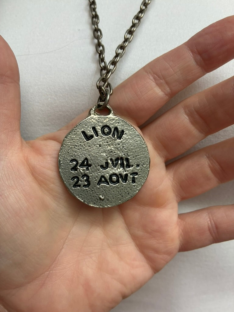 Vintage French Leo Zodiac Coin Pendant Necklace — Antiqued Silver
