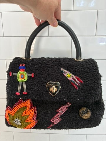 Betsey Johnson Black Boucle Beaded Patch Handbag | Robot, Rocket, Flame & Lightning | Cherry Interior