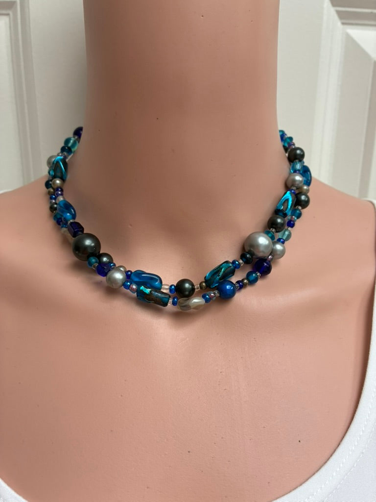 Vintage Multi-Strand Blue Beaded Necklace — Glass, Pearl & Crystal