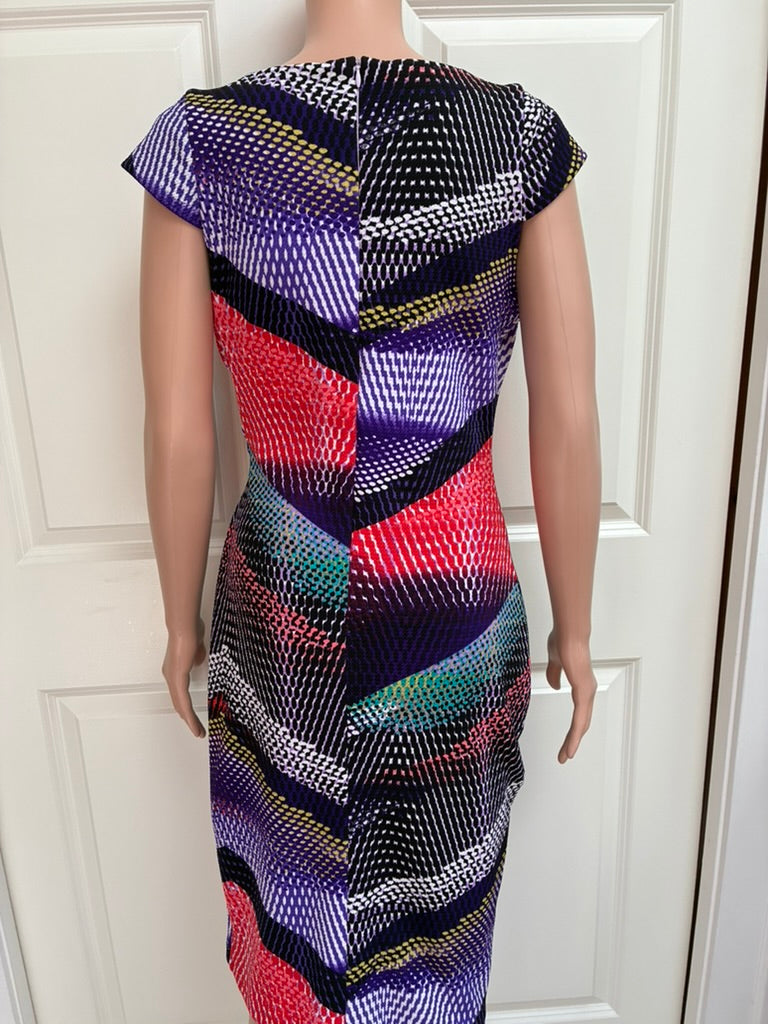Vespar Multi-Pattern Bodycon Midi Dress | Purple, Red & Teal Chevron | Cap Sleeve | Size L