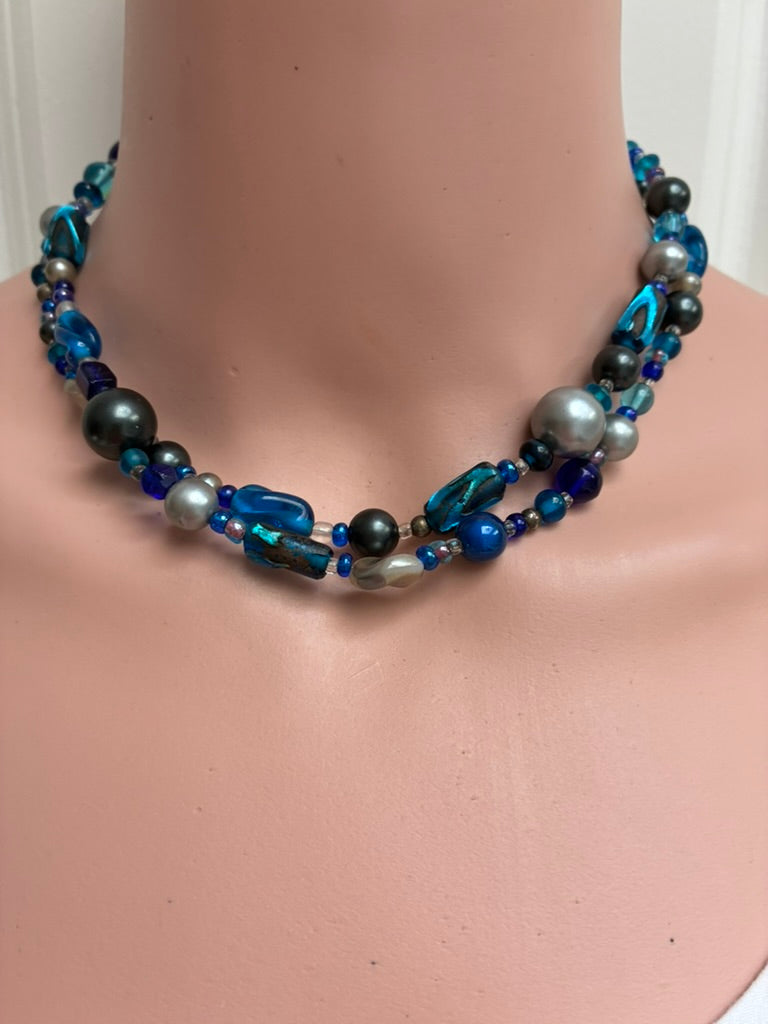 Vintage Multi-Strand Blue Beaded Necklace — Glass, Pearl & Crystal