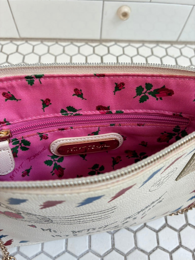 Betsey Johnson S.W.A.K. Airmail Envelope Crossbody Bag | Gold Chain | Hot Pink Rose Interior