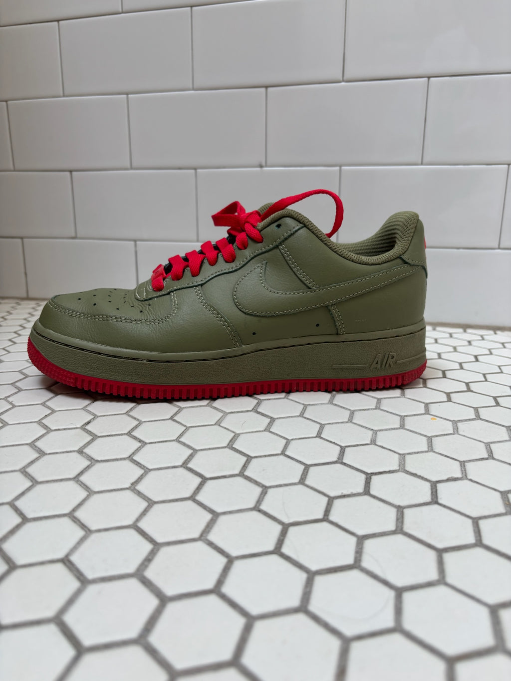 Custom Red Bottom Nike Air Force 1 Low — Olive Green & Red, Size 8.5