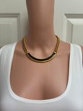 Vintage Chunky Gold Rope Chain Necklace with Black Enamel Bar Pendant