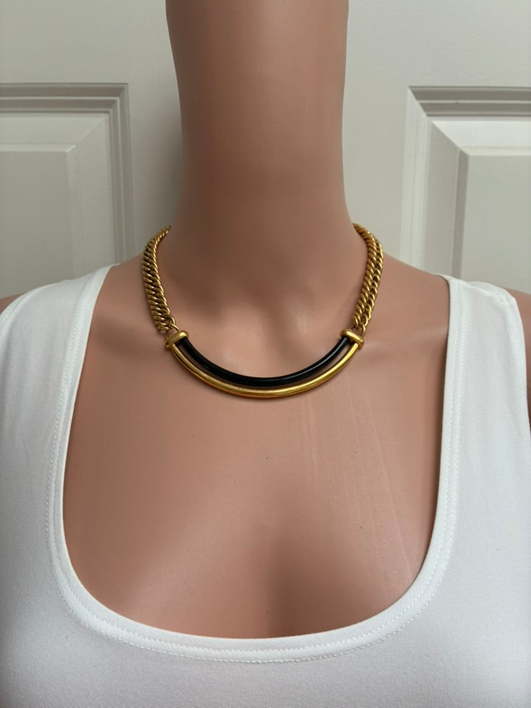 Vintage Chunky Gold Rope Chain Necklace with Black Enamel Bar Pendant