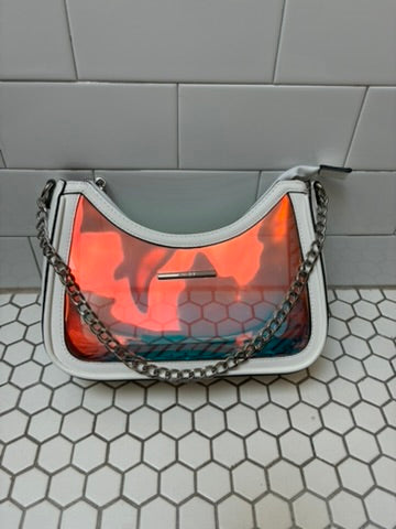 Aldo Iridescent Holographic Clear Shoulder Bag | Silver Chain Strap | White Trim