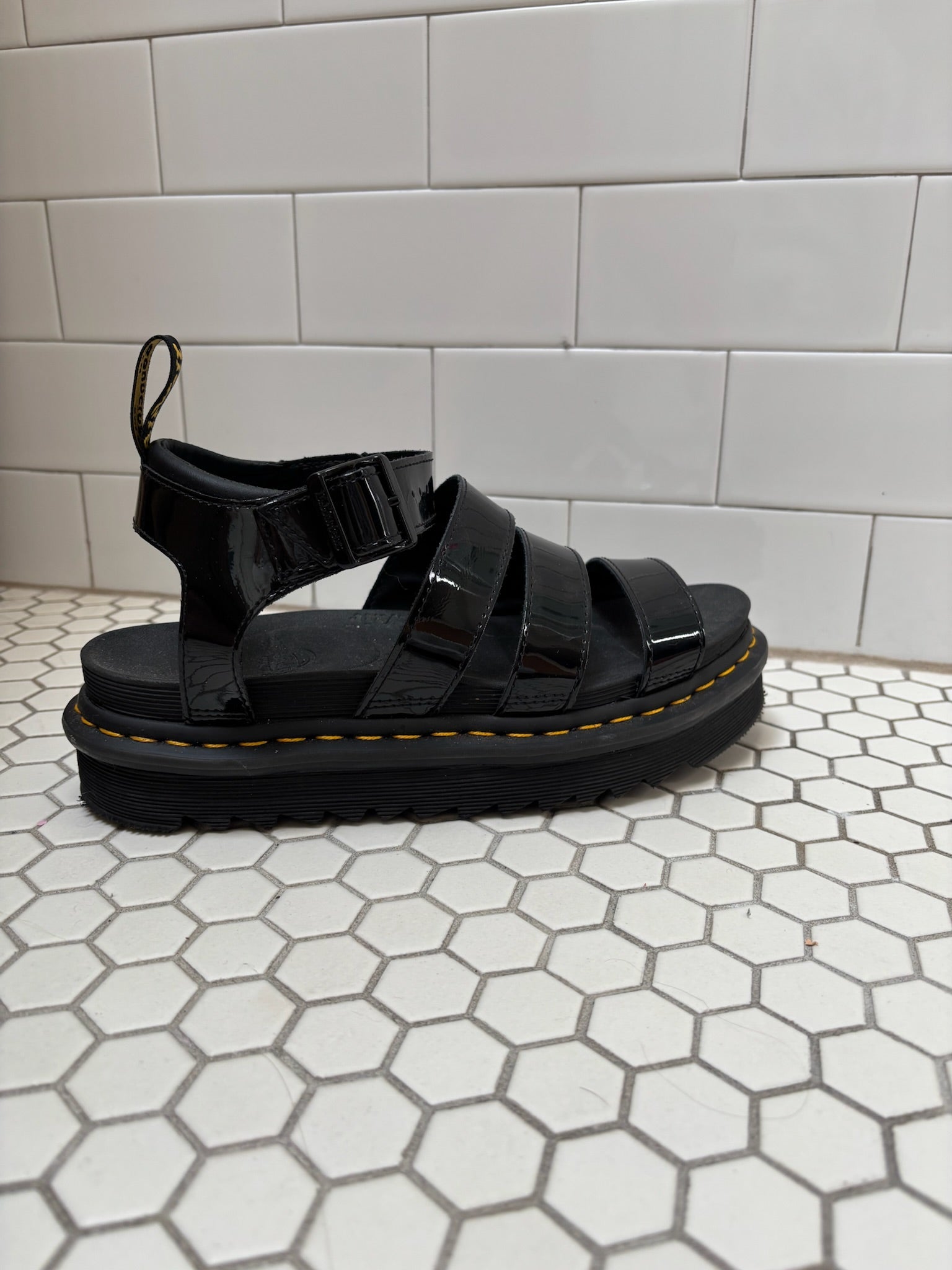 Dr. Martens Blaire Platform Sandals — Black Patent Leather, Size 9