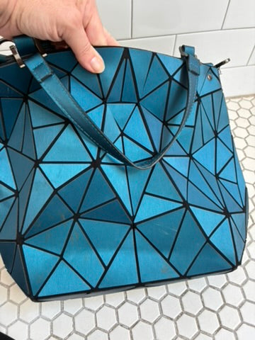 Geometric Faceted Iridescent Teal Tote Bag | Bao Bao Style | Zip Top | Dual Handles
