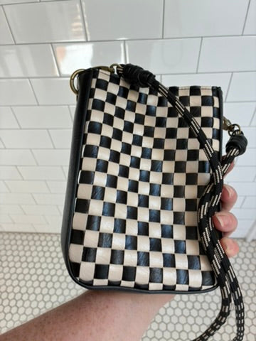 Checkerboard Woven Leather Mini Crossbody Phone Bag | Black & White | Braided Rope Strap | Zip Top