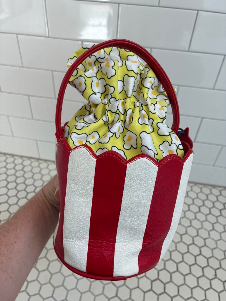 Novelty Popcorn Bucket Bag | Red & White Striped Faux Leather | Smiley Face | Popcorn Print Interior
