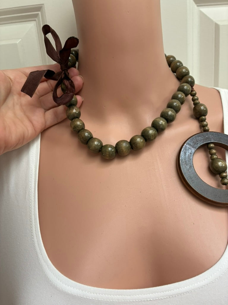Vintage Olive Green Graduated Bead Necklace with Oversized Dark Wood Ring Pendant