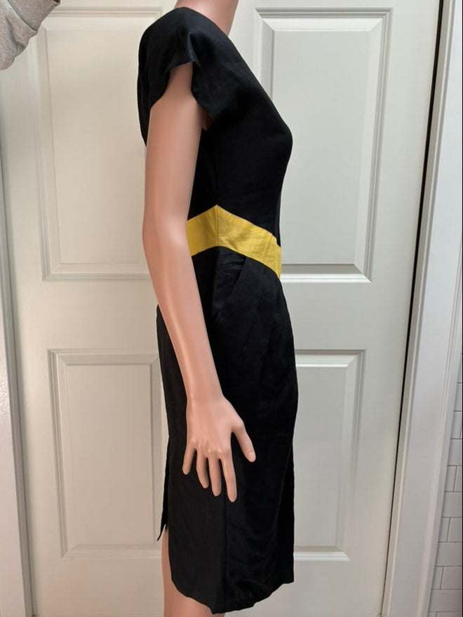 Wonderland Vintage 1980s Black Linen Dress with Yellow Chevron Waist
