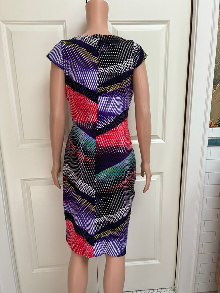 Vespar Multi-Pattern Bodycon Midi Dress | Purple, Red & Teal Chevron | Cap Sleeve | Size L