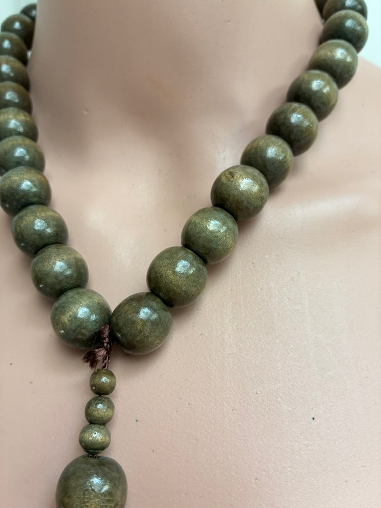 Vintage Olive Green Graduated Bead Necklace with Oversized Dark Wood Ring Pendant
