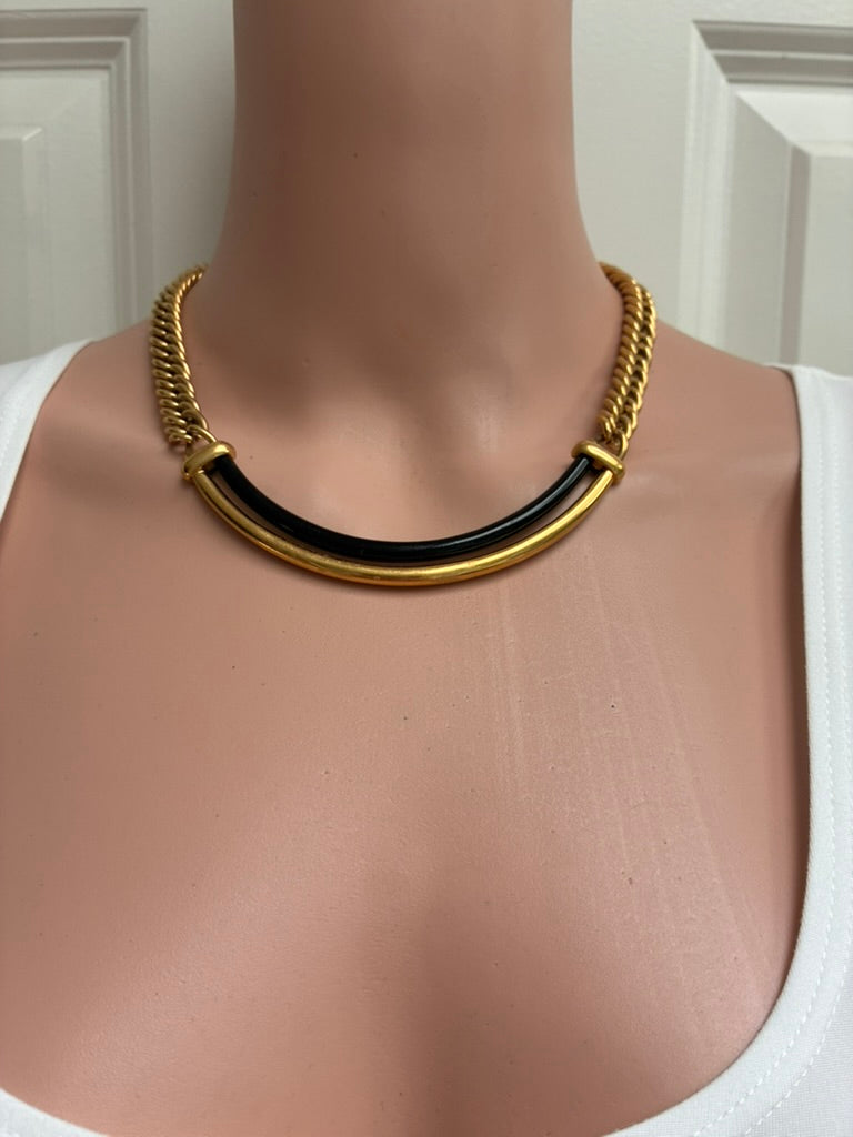 Vintage Chunky Gold Rope Chain Necklace with Black Enamel Bar Pendant