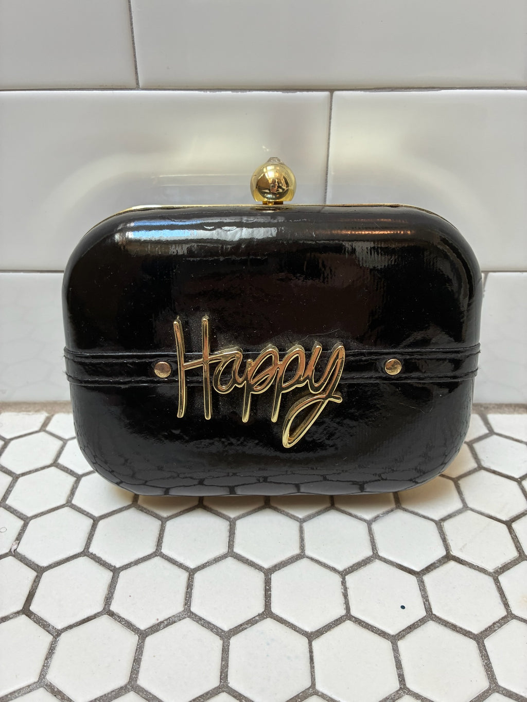 "Happy" Patent Black & Gold Minaudière Clutch