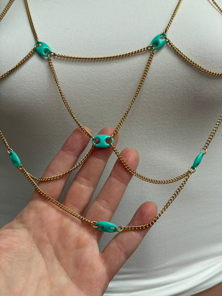 Vintage Multi-Strand Draped Chain Necklace — Turquoise Enamel Mariner Links