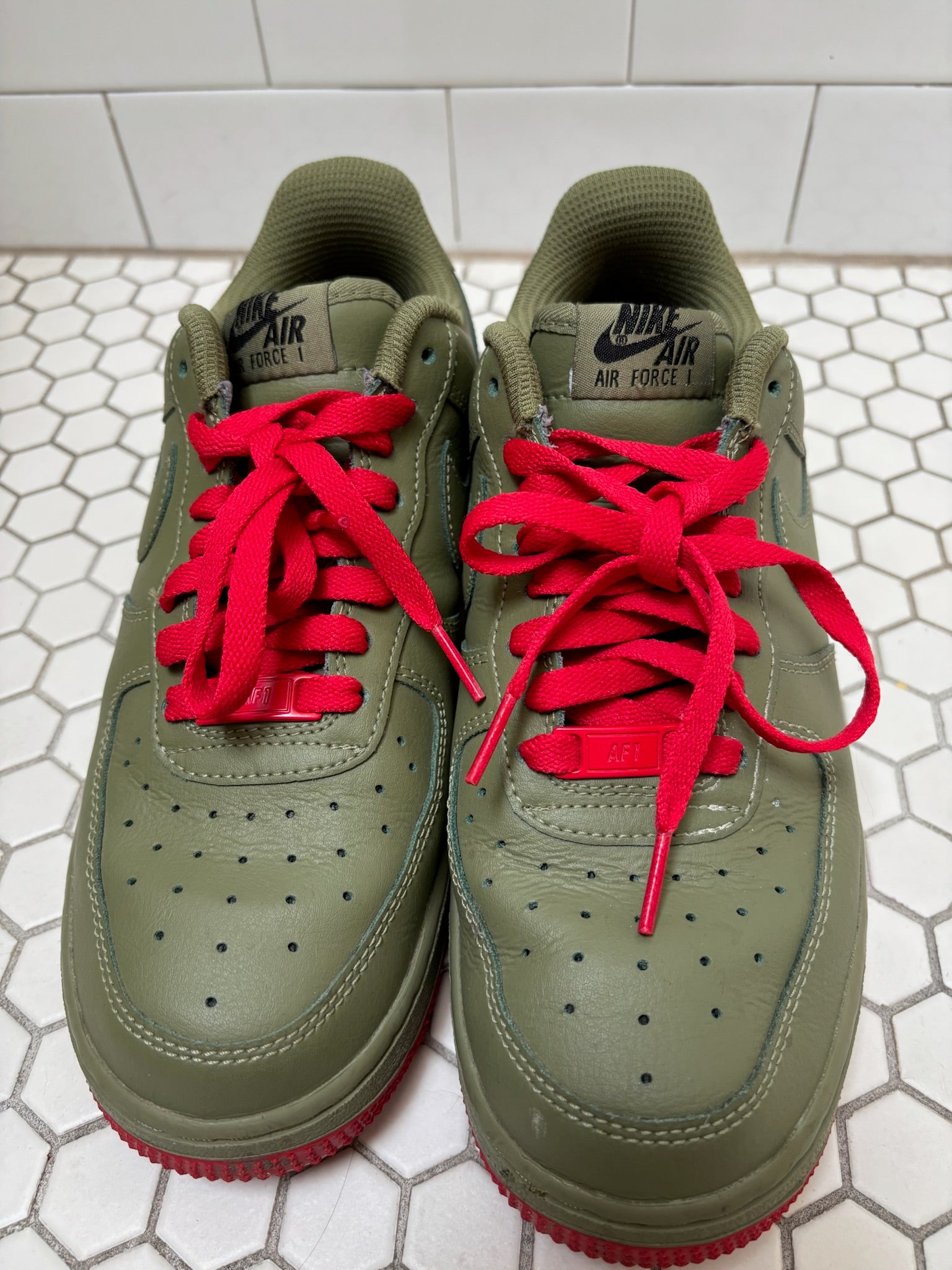Custom Red Bottom Nike Air Force 1 Low — Olive Green & Red, Size 8.5