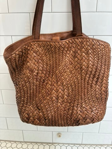 Vintage Hand-Woven Cognac Leather Tote Bag | Herringbone Weave | Gold Turn-Lock | Front Zip Pocket