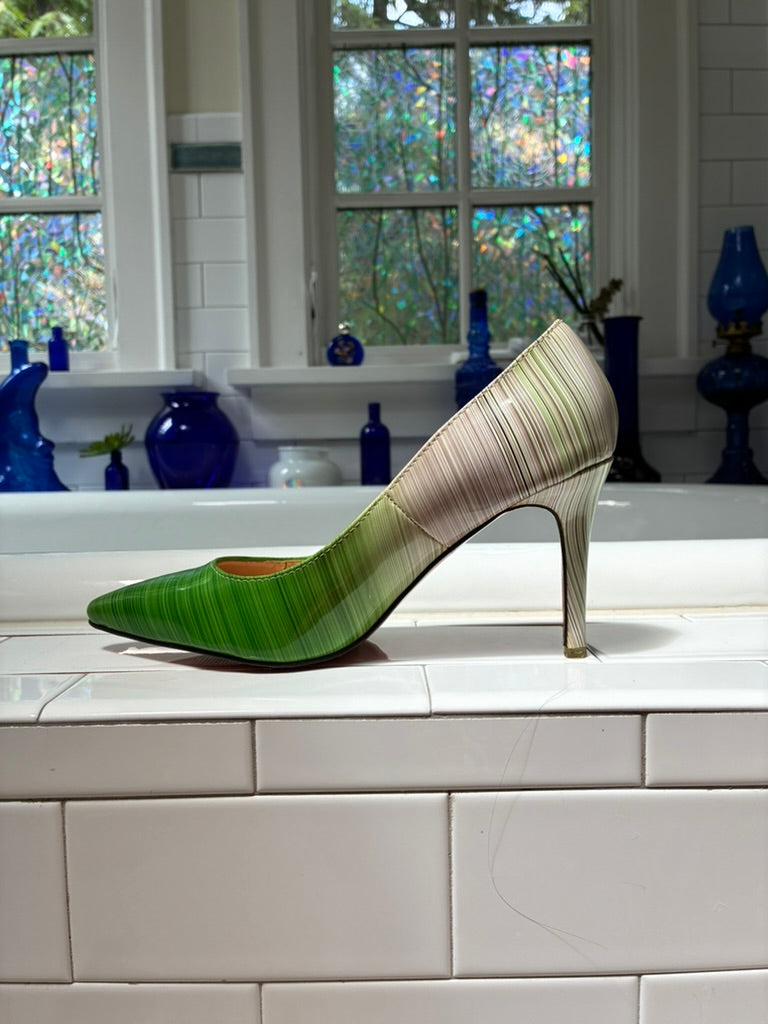 Green to Gold Ombré Stiletto Pumps | Red Sole | Pointed Toe | Size 8.5