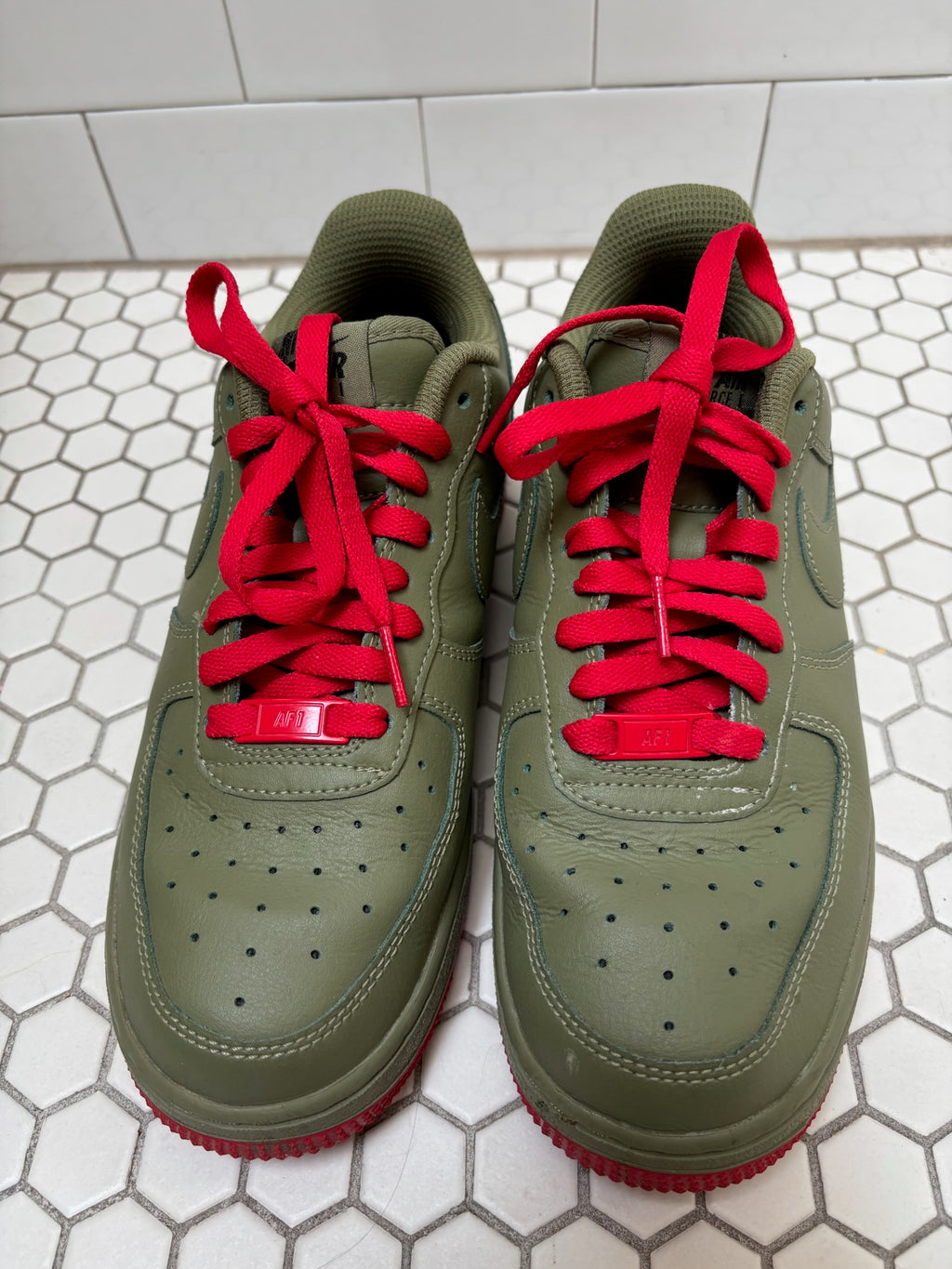 Custom Red Bottom Nike Air Force 1 Low — Olive Green & Red, Size 8.5