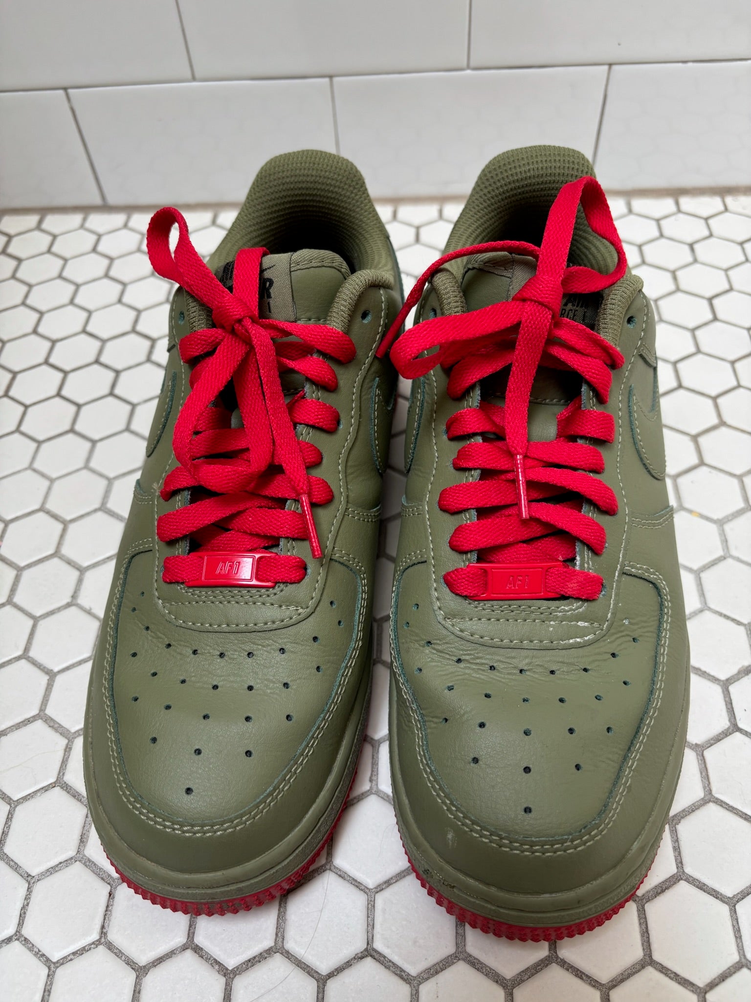 Custom Red Bottom Nike Air Force 1 Low — Olive Green & Red, Size 8.5