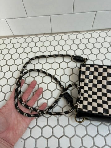 Checkerboard Woven Leather Mini Crossbody Phone Bag | Black & White | Braided Rope Strap | Zip Top