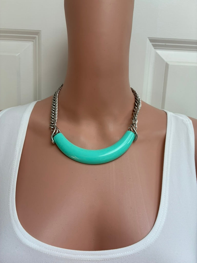 Vintage Mint Green Enamel Bar Necklace with Silver Curb Chain