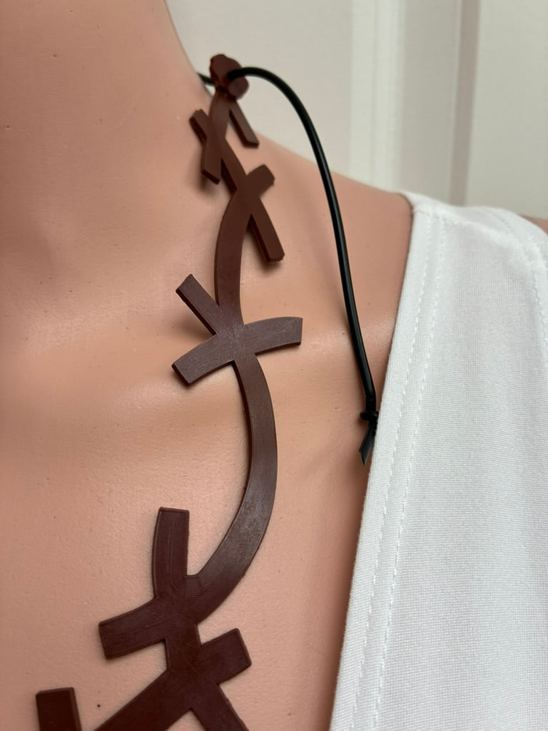 Artisan Dark Brown Interlocking Cross Bib Necklace on Black Cord