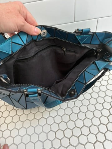 Geometric Faceted Iridescent Teal Tote Bag | Bao Bao Style | Zip Top | Dual Handles
