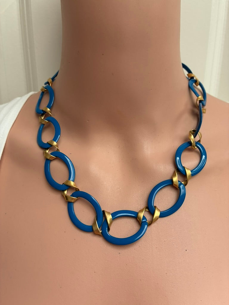 Monet Vintage Cobalt Blue Enamel & Gold-Tone Oval Link Chain Necklace