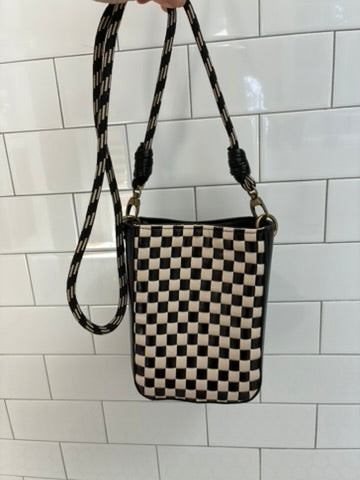 Checkerboard Woven Leather Mini Crossbody Phone Bag | Black & White | Braided Rope Strap | Zip Top