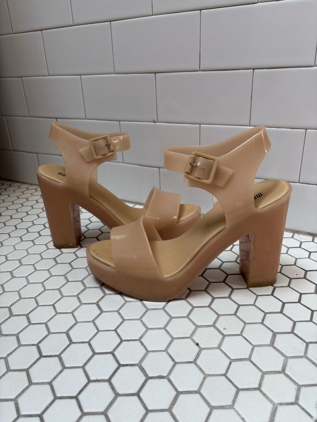 Melissa Nude Jelly Platform Block Heel Sandals — Size 8.5