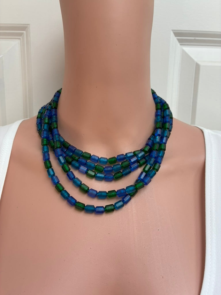 Monet Vintage Multi-Strand Glass Bead Necklace in Sapphire & Emerald