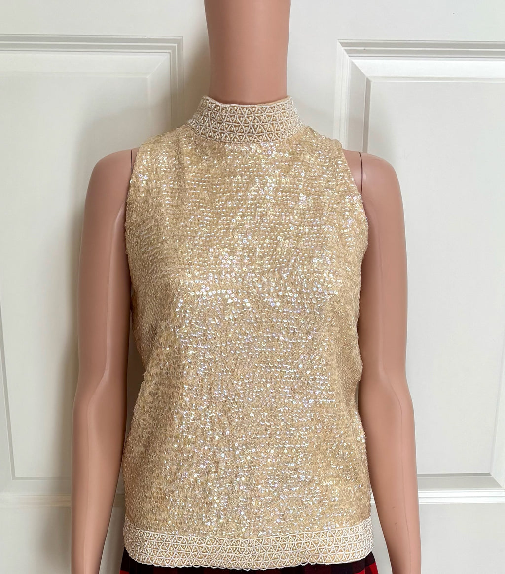 Giannino Vintage 1960s Gold Sequin & Pearl Mock Turtleneck Top — Size 8