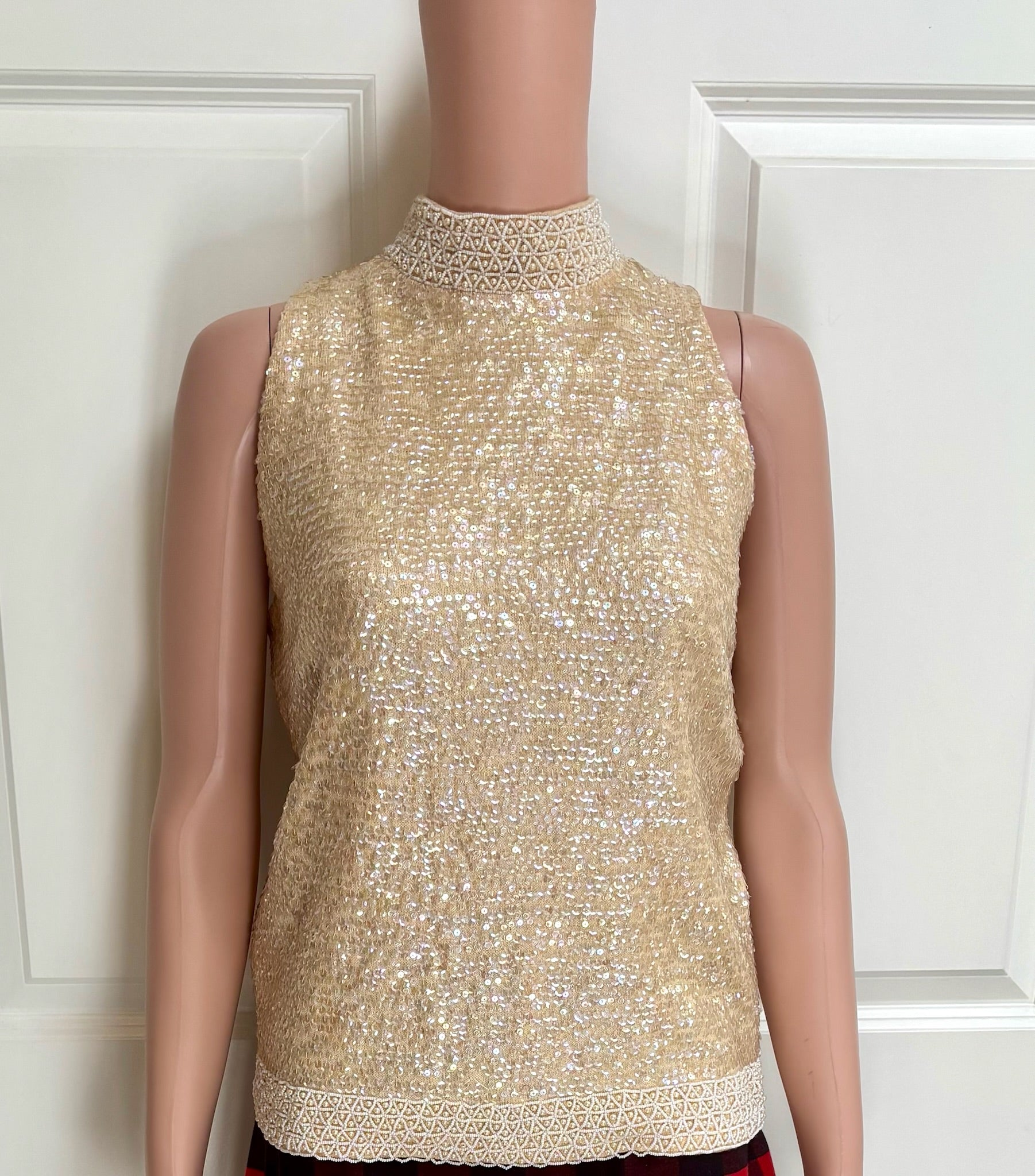 Giannino Vintage 1960s Gold Sequin & Pearl Mock Turtleneck Top — Size 8